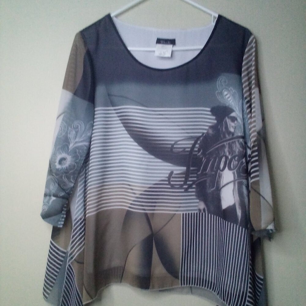 Bali Shirt Women M 3/4 Sleeve Pattern Gray Black Brown